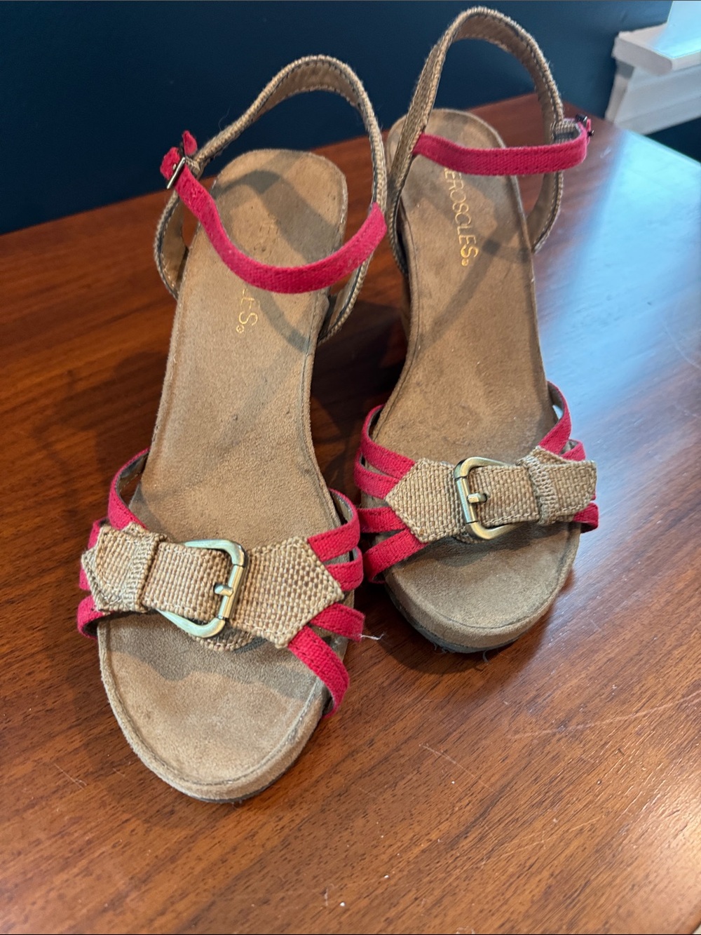 Aerosoles Pink and Tan Strappy Wedge Sandals